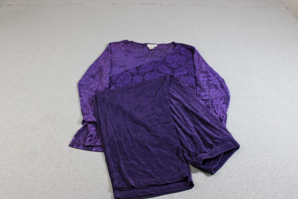 Vintage Coldwater Creek Shirt Pants Set Women Large Purple Acetate Floral USA